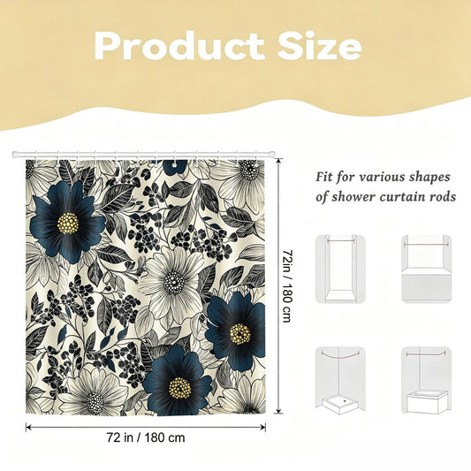 Vintage Navy Botanical Floral Shower Curtain, Waterproof Cloth Fabric Bathtub Curtain, 72"x72" with 12 Hooks, Elegant Retro Flower Print Curtain for Home Apartment Dorm Bathroom Renovation Decor