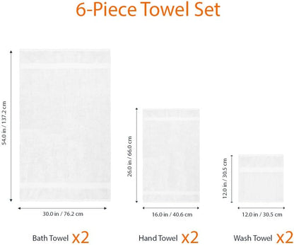 Amazon Basics 6-Piece Oversized Highly Absorbent Fade-Resistant Towel Set, 100% Cotton Towels for Bathroom, Soft, 2 Bath Towels, 2 Hand Towels, 2 Washcloths, White