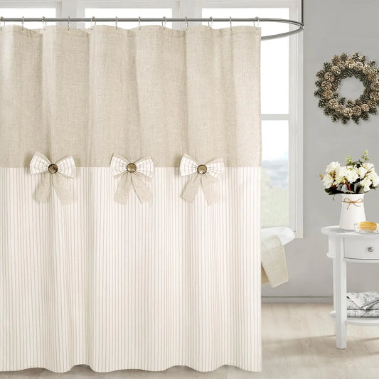 Grey Farmhouse Pleated Stripe Shower Curtain - French Country Ticking Stripe Cotton Blend Fabric, Bowknot Accents, Textural Design, 72w x 78l (Pack of 1), 12 Button Holes, Bathroom Use, Cold Wash, Rustic Decor, Easy Installation