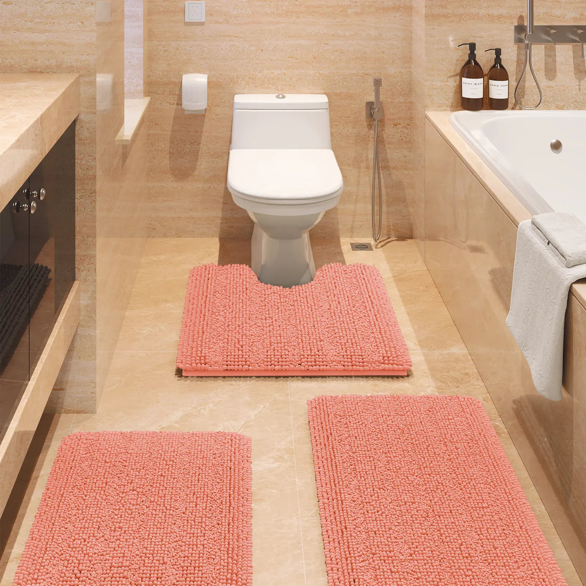ACCUMTEK Striped Bathroom Rug Set Ultra Soft, Non Slip Chenille Toilet Mat, Absorbent Plush Shaggy Bath Mats for Bathroom, Bedroom, Kitchen