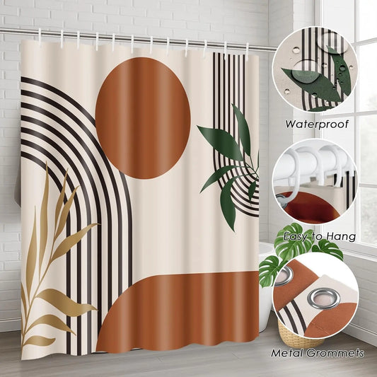 Boho Mid Century Shower Curtain Set with Toilet Lid Cover and Non-Slip Rugs, Abstract Geometric Modern Minimalist Shower Curtain for Bathroom Set with 12 Hooks