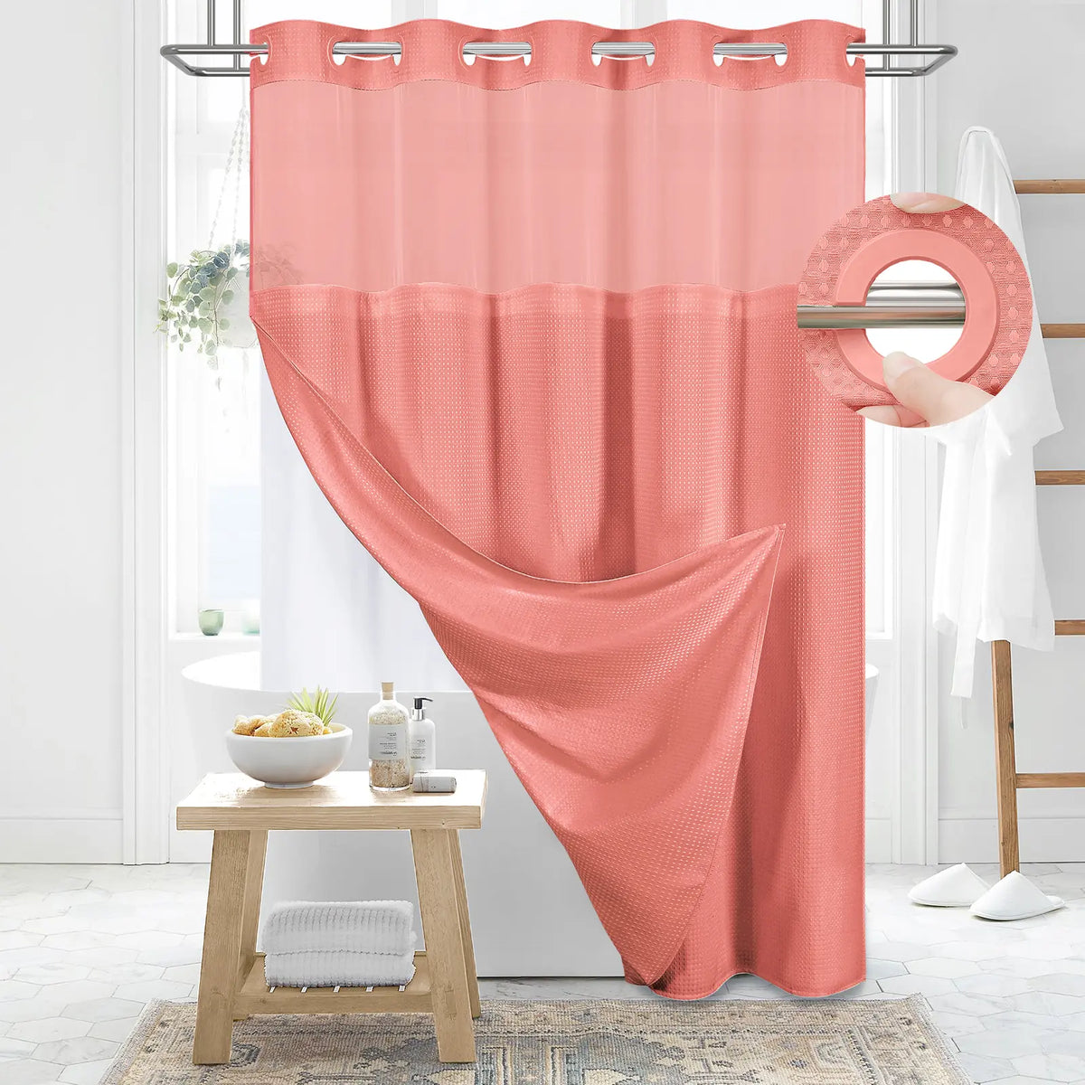 DYNAMENE Premium No-Hook Washable Waffle Weave Shower Curtain Set, Heavy-Duty Double Layer with Snap-In Detachable Waterproof Liner & Mesh Window, Contemporary Matte Finish Bathroom Accessory for Hotel-Inspired Bathroom Look