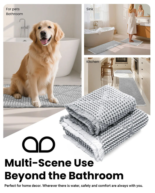 Furicher 2-Piece Anti-Slip Grip Bath Mat Set, Boho Home Spa Waffle Rugs - Super Absorbent Rectangle Mats for Bathroom Decoration, Shower Use, Machine Washable Gray & White (50.8cm×114.7cm + 45.7cm×76.2cm)