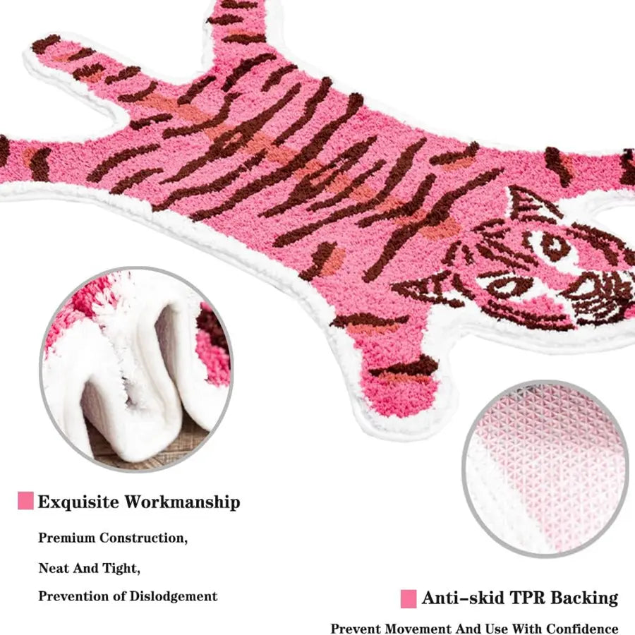 Pink Tiger Shaped Non-Slip Bathroom Mat, Nature-Inspired Animal Printed Rug, Modern Small Home Decor Playmat for Bathroom-Shower Splash Protection & Door Use, Bathroom Supplies, Room Decor