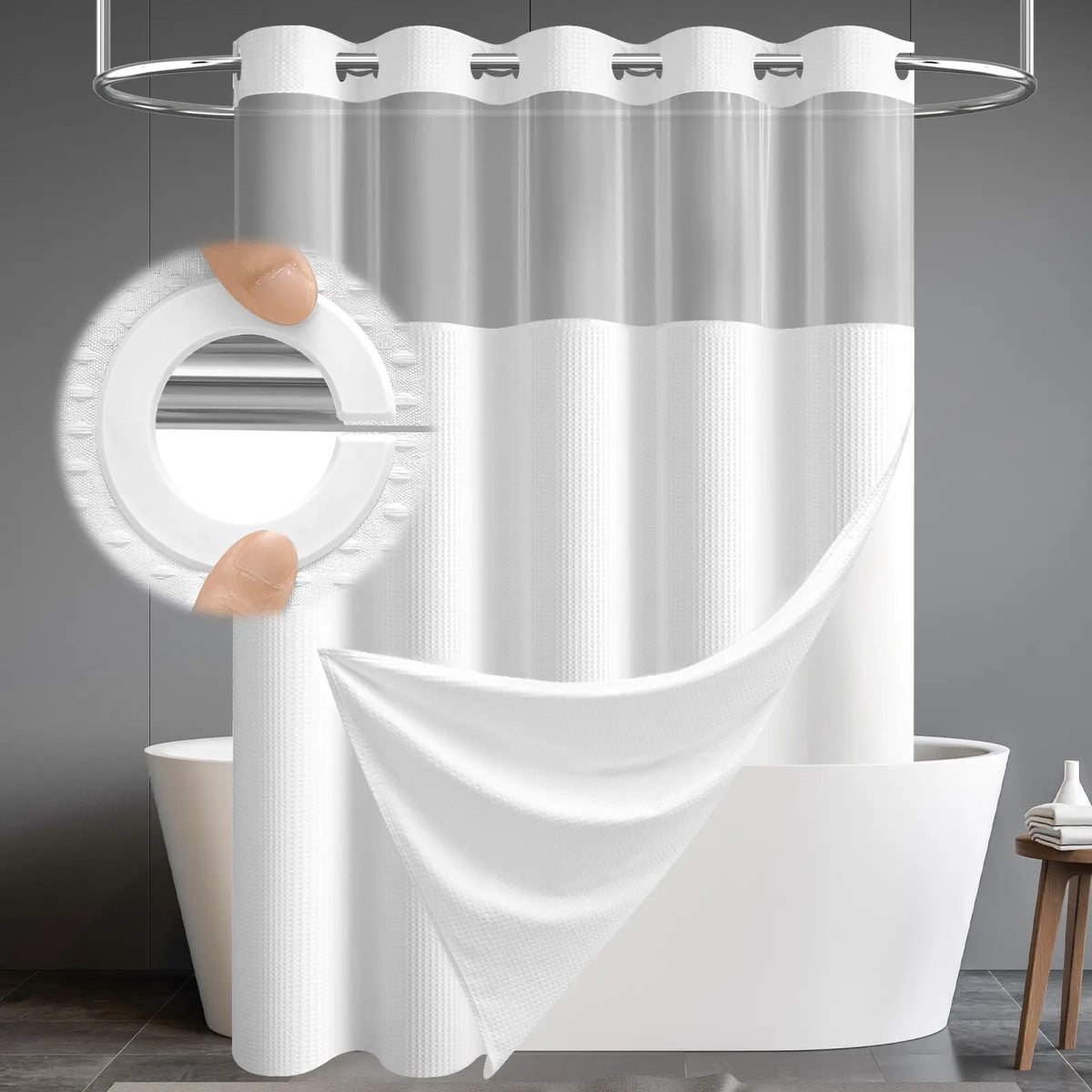 DYNAMENE Premium No-Hook Washable Waffle Weave Shower Curtain Set, Heavy-Duty Double Layer with Snap-In Detachable Waterproof Liner & Mesh Window, Contemporary Matte Finish Bathroom Accessory for Hotel-Inspired Bathroom Look