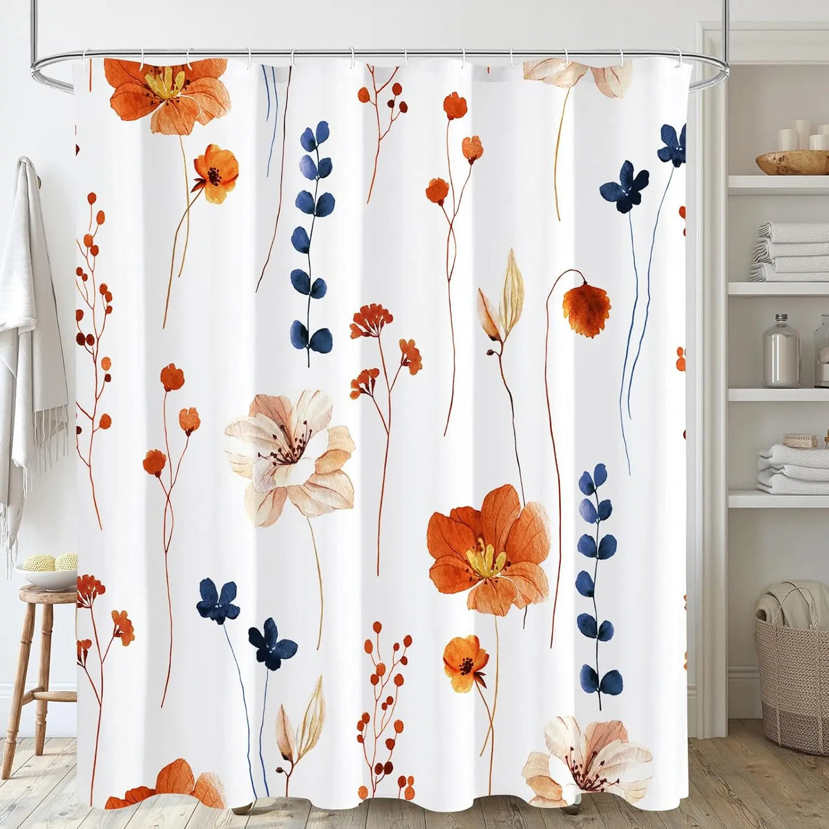 Modern Sage Green and Beige Floral Shower Curtain with Included Hooks