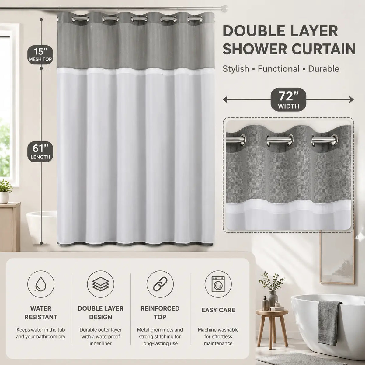 Hookless Waffle-Weave Shower Curtain Set, 72x75 in, with Washable White Fabric Liner (Snap Closures, Mesh Top), Waterproof Hotel-Style Bathroom Accessory for Home/Salon, Home Decor Supplies, Shower Curtains, Hookless Shower Curtain