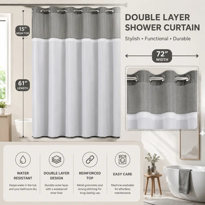 Hookless Waffle-Weave Shower Curtain Set, 72x75 in, with Washable White Fabric Liner (Snap Closures, Mesh Top), Waterproof Hotel-Style Bathroom Accessory for Home/Salon, Home Decor Supplies, Shower Curtains, Hookless Shower Curtain