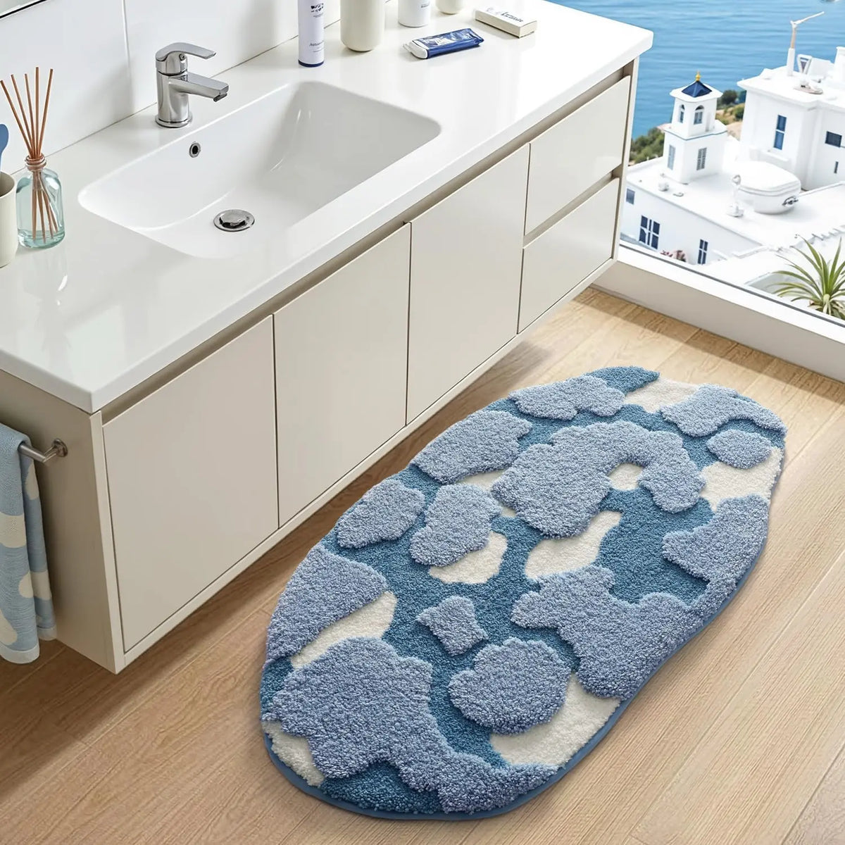 LUMI Large Ocean Blue Fluffy Bath Mat, Soft Non Slip Quick Dry Absorbent Washable Bathroom Rug, Floor Carpet for Shower, Bedroom, Kids Room 24"x43"