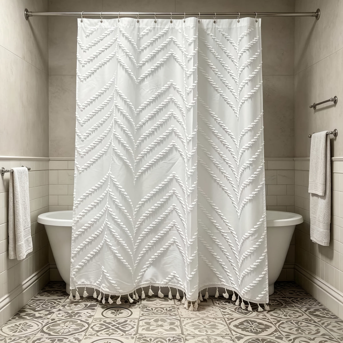 1pc 3D Scalloped Tassel Style Curtain, Bohemian Style Scalloped Curtain, Home Decor Curtain, Bathroom Curtain, with Matching Hook