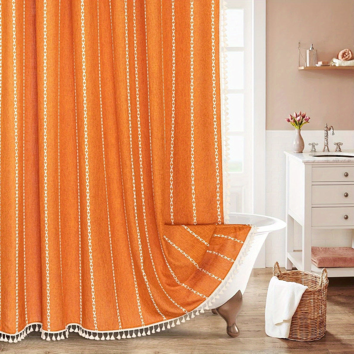 1pc Striped Polyester Shower Curtain, 72" x 72", Bohemian Style Vertical Stripe Texture with White Hooks Included
