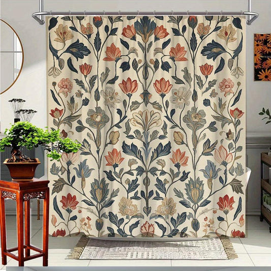 1pc Vintage Boho Floral Shower Curtain, 70.8"X70.8" Durable Polyester Retro Botanical Bath Curtain, Machine Washable with 12 Hooks Included, Easy Maintenance Aesthetic Flower Curtain for Modern Farmhouse Bathroom Home Decor
