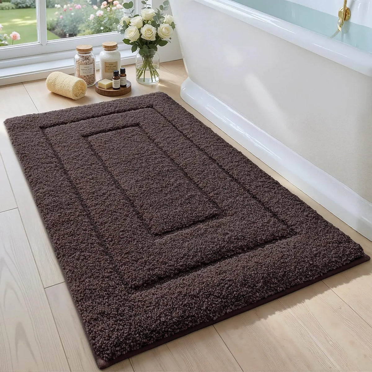 DEXI Bathroom Rug (24x16in), Non-Slip Machine Washable Bath Mat with Rubber Backing, Absorbent Soft Quick-Dry Microfiber Shaggy Indoor Shower Floor Rug, Beige, Machine Washable Rugs,back to school,dorm essentials,home decor,home essentials