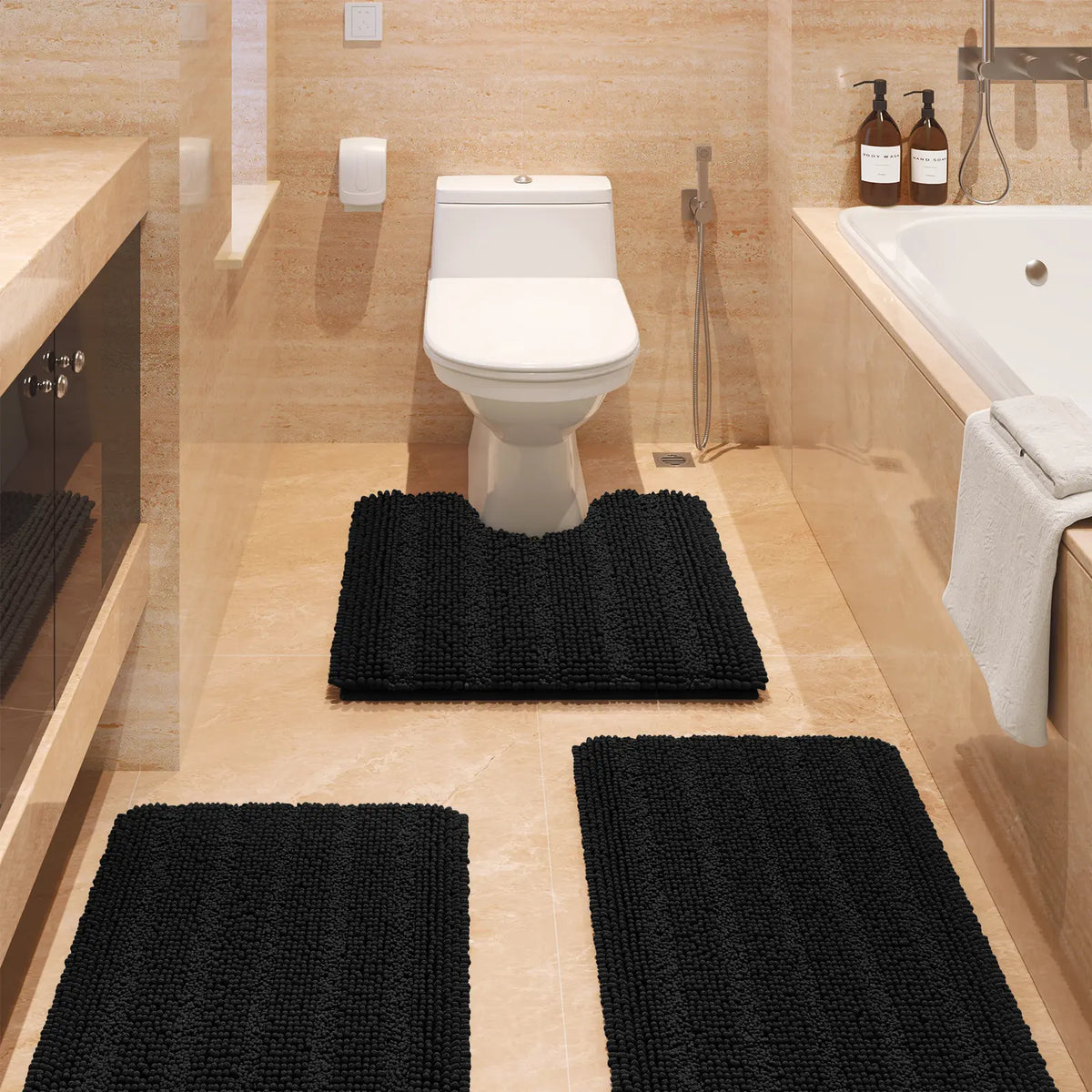 ACCUMTEK Striped Bathroom Rug Set Ultra Soft, Non Slip Chenille Toilet Mat, Absorbent Plush Shaggy Bath Mats for Bathroom, Bedroom, Kitchen