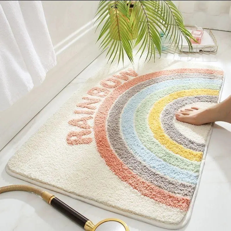 Cute Cartoon Dinosaur Faux Cashmere Bath Mat, Soft Water‑Absorbent Non‑Slip Floor Rug, Woop Pattern Decor Doormat for Bathroom Toilet Entryway Hallway Home Decoration