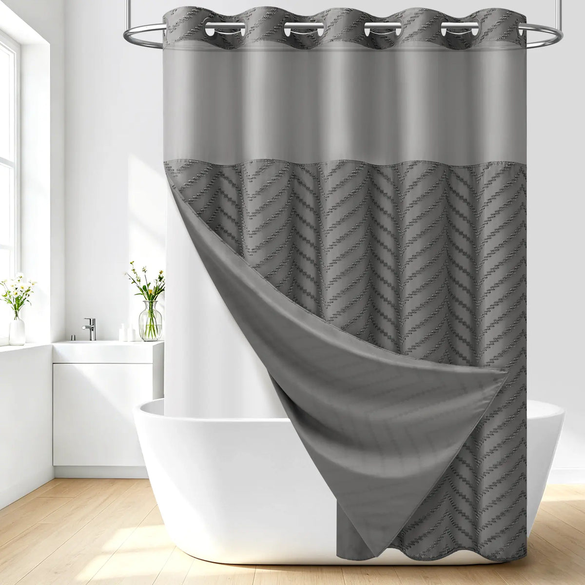 DYNAMENE 3-in-1 Hook-Free Boho Tufted Chevron Striped Shower Curtain Set, Snap-In Magnetic Waterproof Liner, Modern Textured Design, Sheer Light View Window - Hook-Free Setup Saves Bathroom Time, Waterproof Liner Helps Keep Walls Dry