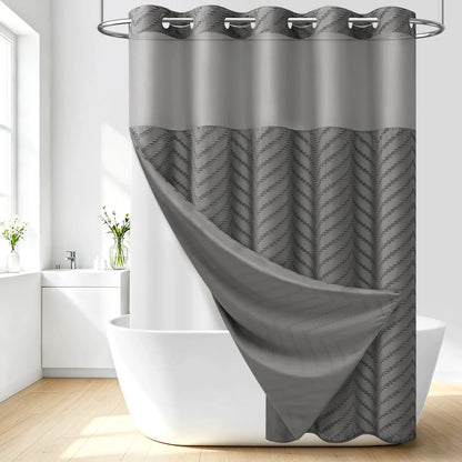 DYNAMENE 3-in-1 Hook-Free Boho Tufted Chevron Striped Shower Curtain Set, Snap-In Magnetic Waterproof Liner, Modern Textured Design, Sheer Light View Window - Hook-Free Setup Saves Bathroom Time, Waterproof Liner Helps Keep Walls Dry
