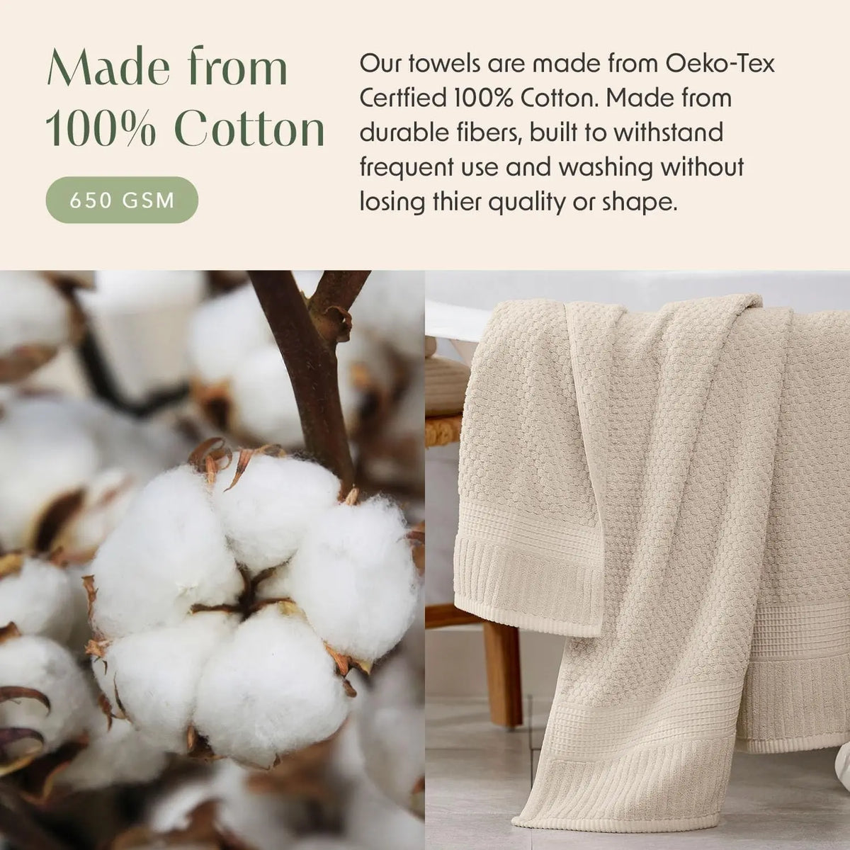 4 Pack 100% Cotton Bath Towels | Beige Towels | Oeko‑TEX Standard 100 | Soft & Absorbent, Quick‑Dry | Trinity Collection - Sand