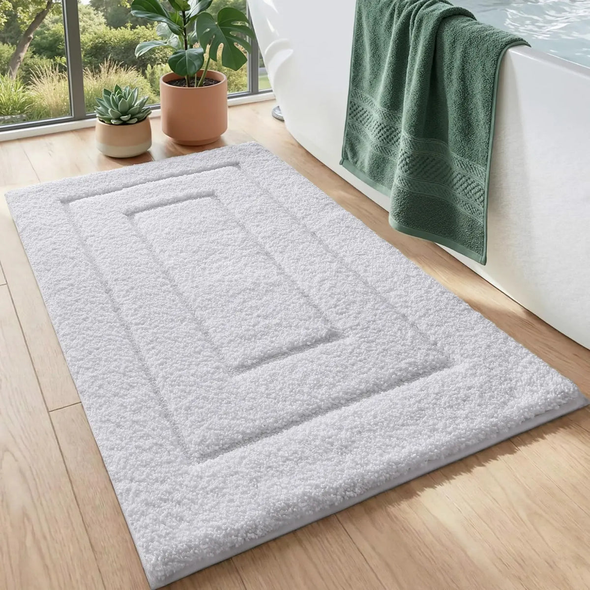 DEXI Bathroom Rug (24x16in), Non-Slip Machine Washable Bath Mat with Rubber Backing, Absorbent Soft Quick-Dry Microfiber Shaggy Indoor Shower Floor Rug, Beige, Machine Washable Rugs,back to school,dorm essentials,home decor,home essentials