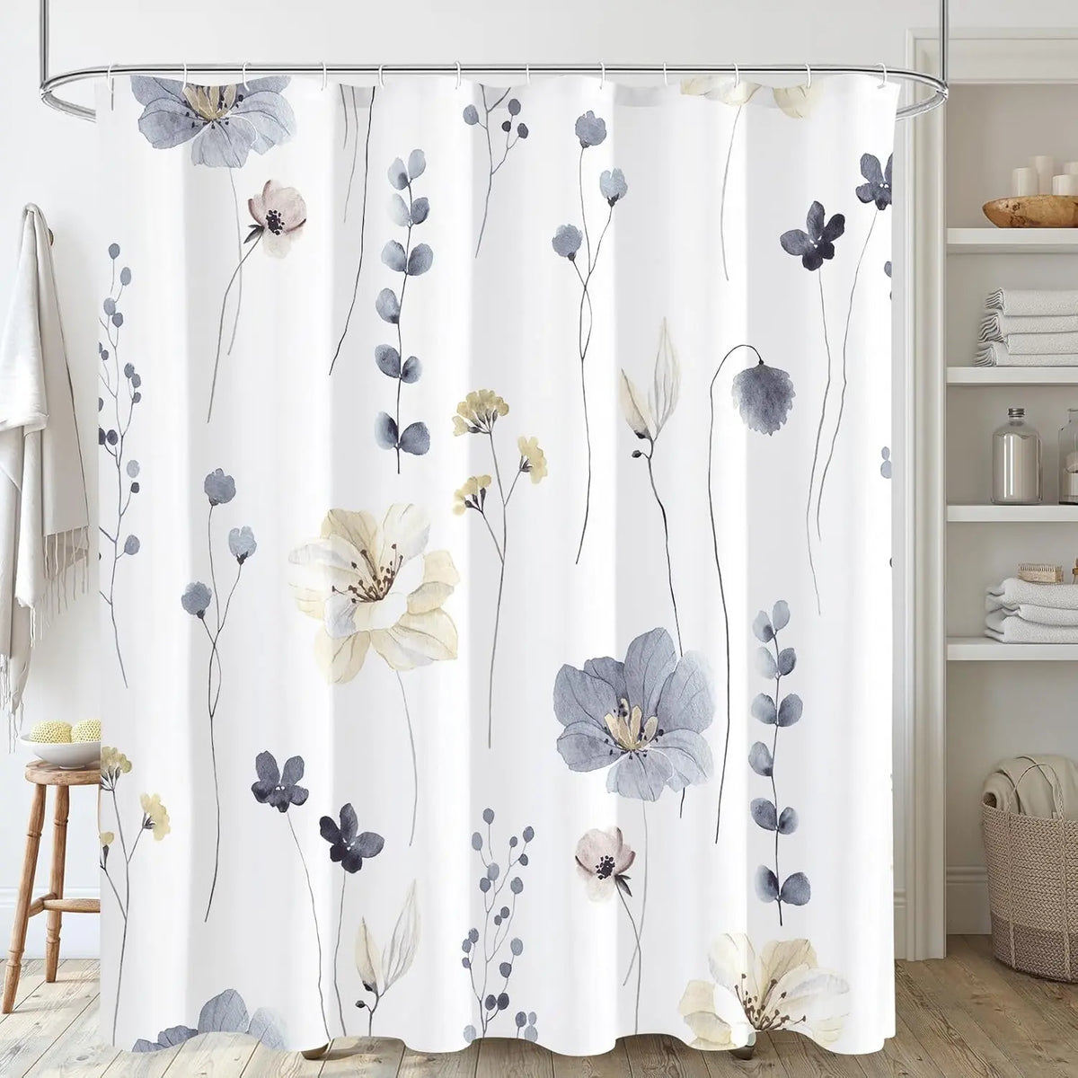 Modern Sage Green and Beige Floral Shower Curtain with Included Hooks