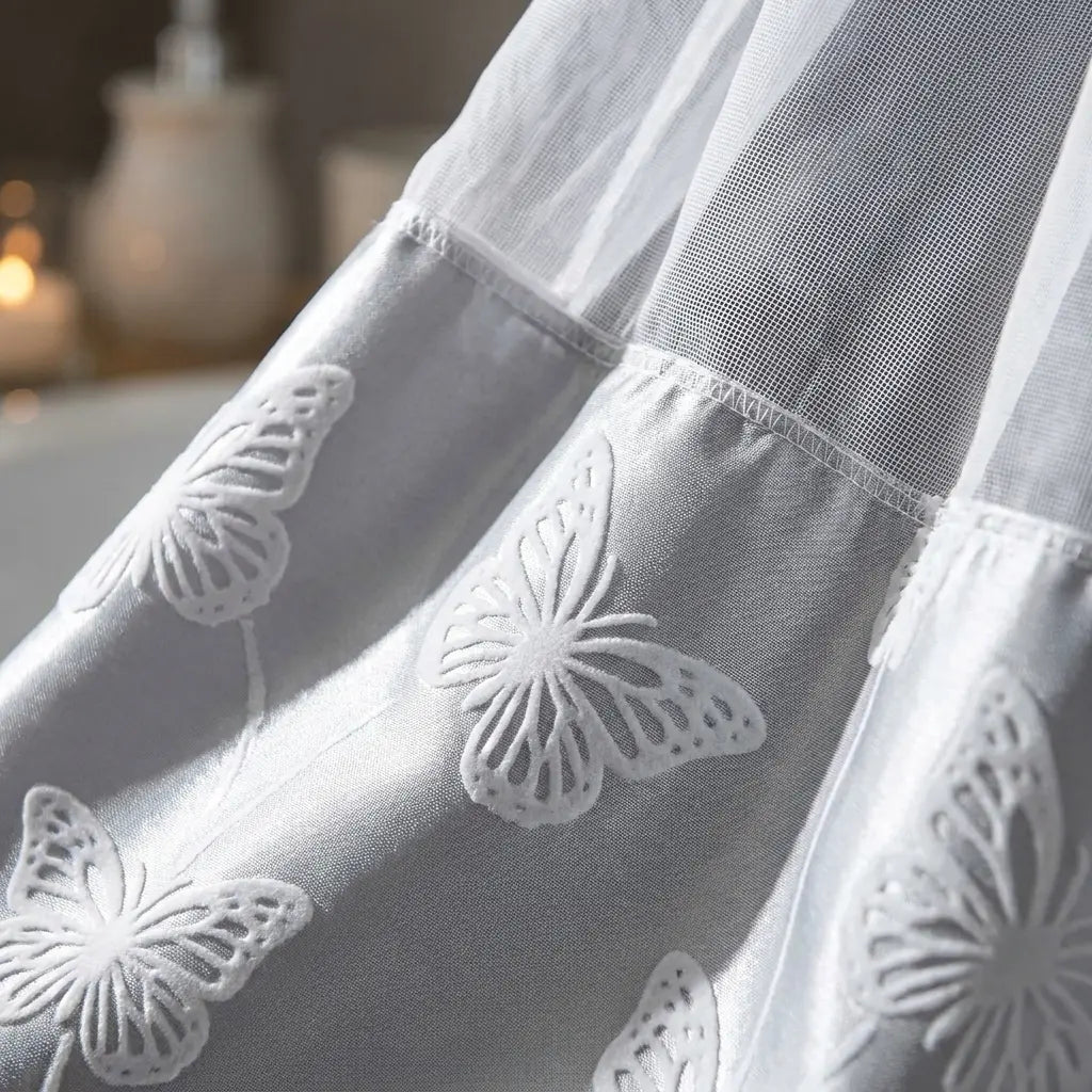 YRZTRK Hookless Blue Flocked Butterfly Double-Layer Shower Curtain with Mesh Top Window, Mesh Fabric, Easy Installation, Farmhouse & Modern Home Decoration, 72x75 in Bathroom Curtain