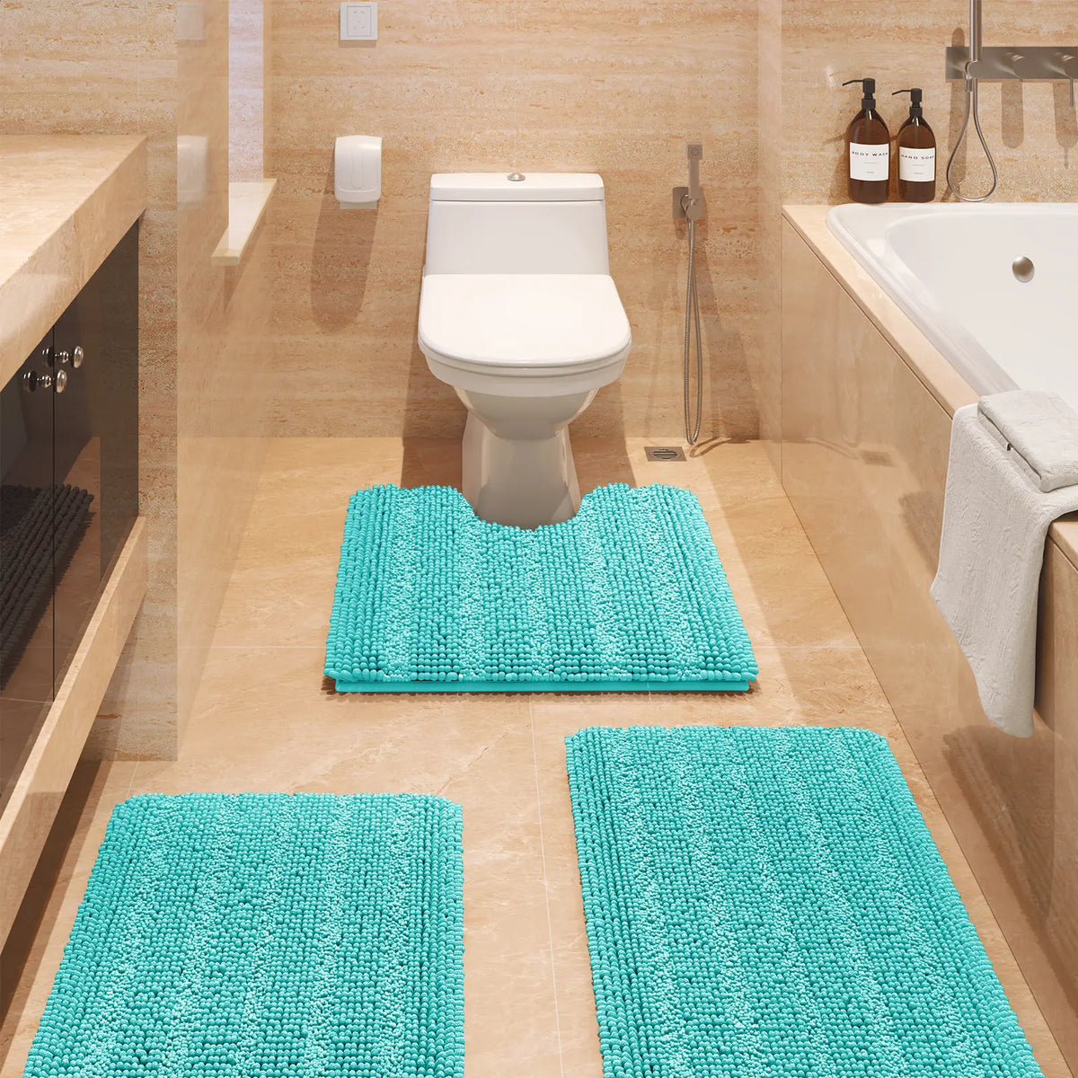 ACCUMTEK Striped Bathroom Rug Set Ultra Soft, Non Slip Chenille Toilet Mat, Absorbent Plush Shaggy Bath Mats for Bathroom, Bedroom, Kitchen
