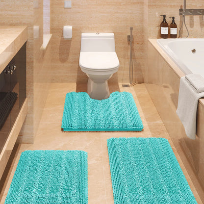ACCUMTEK Striped Bathroom Rug Set Ultra Soft, Non Slip Chenille Toilet Mat, Absorbent Plush Shaggy Bath Mats for Bathroom, Bedroom, Kitchen