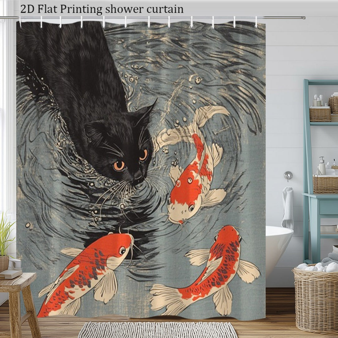 2D Flat, 2D Flat, 2D Flat Shower Curtain 1pc, Ancient Cat Koi Pond Scene Shower Curtain, Multi-Size Options, Polyester Comfortable Fabric, Light Luxury Space, Creating a Dreamy Healing Atmosphere, Building a Warm And Relaxed Space