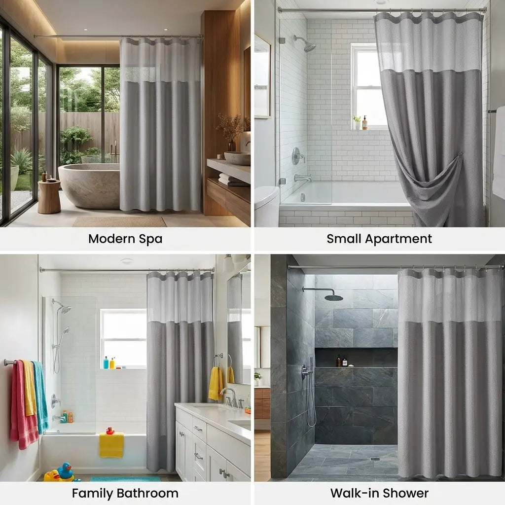 72x75 in Solid Double-Layer Fabric Shower Curtain Set - Waterproof Straight Waffle Weave, Snap-in Liner, Top Sheer Window, Adjustable Rod Compatible, Non-Slip, Modern Dark Grey, Water-Draining Home Bathroom Accessory, Shower Curtains