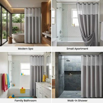 72x75 in Solid Double-Layer Fabric Shower Curtain Set - Waterproof Straight Waffle Weave, Snap-in Liner, Top Sheer Window, Adjustable Rod Compatible, Non-Slip, Modern Dark Grey, Water-Draining Home Bathroom Accessory, Shower Curtains