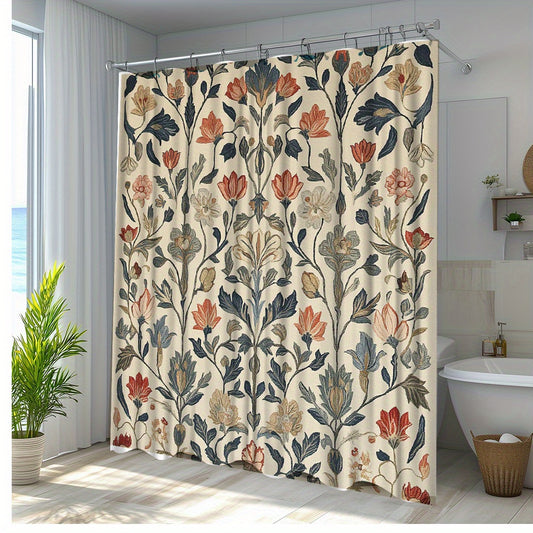 1pc Vintage Boho Floral Shower Curtain, 70.8"X70.8" Durable Polyester Retro Botanical Bath Curtain, Machine Washable with 12 Hooks Included, Easy Maintenance Aesthetic Flower Curtain for Modern Farmhouse Bathroom Home Decor