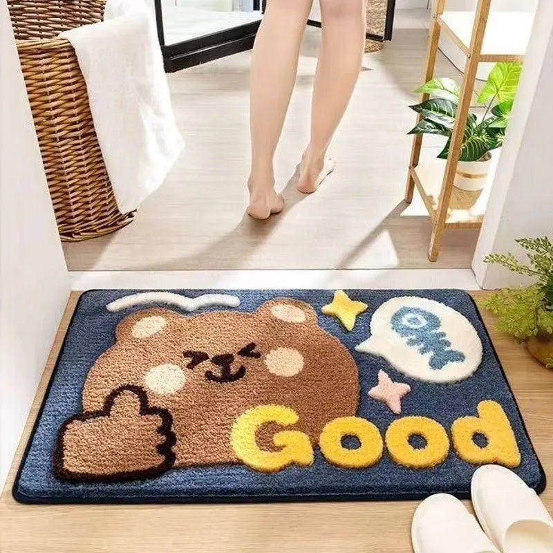 Cute Cartoon Dinosaur Faux Cashmere Bath Mat, Soft Water‑Absorbent Non‑Slip Floor Rug, Woop Pattern Decor Doormat for Bathroom Toilet Entryway Hallway Home Decoration