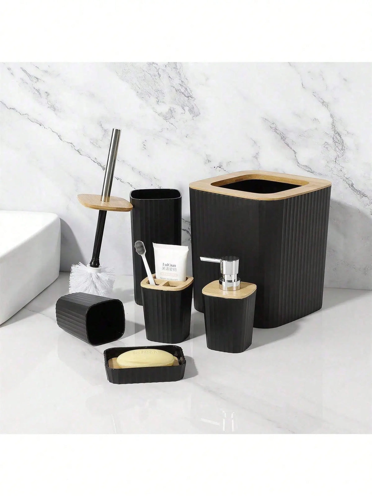 Contemporary Black/White 8pcs Bathroom Accessory Set - Shower Curtains, Rugs, Soap Dispenser, Soap Bar Dish, Toilet Brush Holder, Hook, Wipe, Toothbrush Holder for Moving or Vacation Gifts