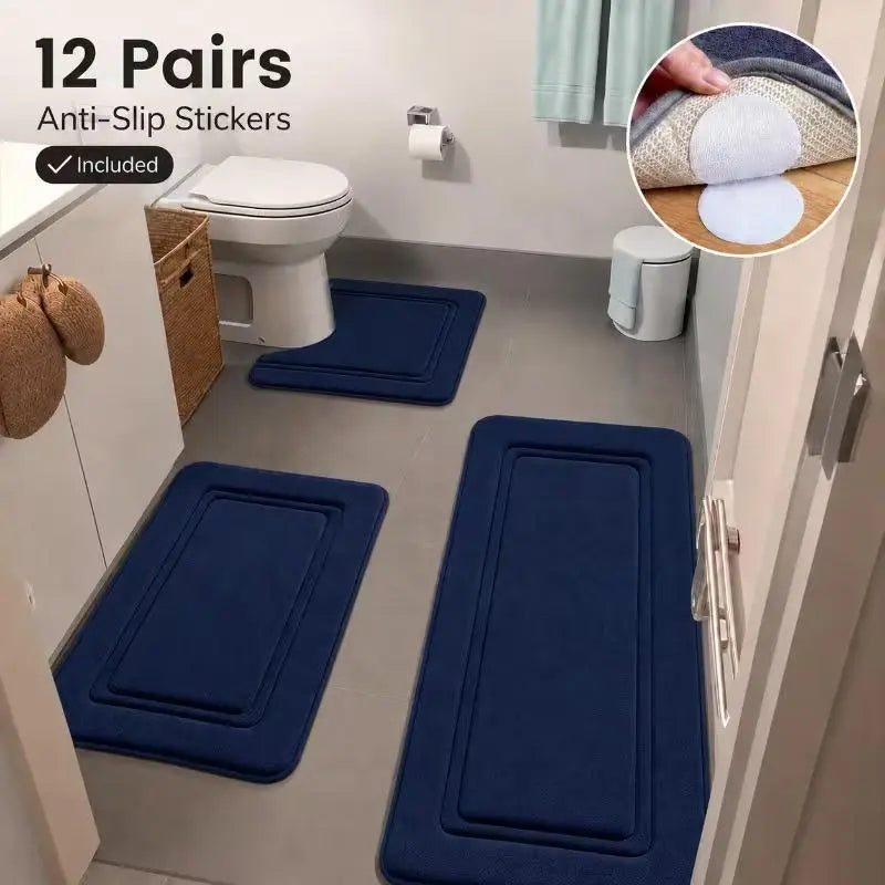 TOLSWE Polyester Knitted Striped Bathroom Floor Mats, 1/3pcs Set with 12 Pairs of Anti-Slip Pads, Super Absorbent, Ultra-Soft, Universal for Bathtub, Shower, Home Decor