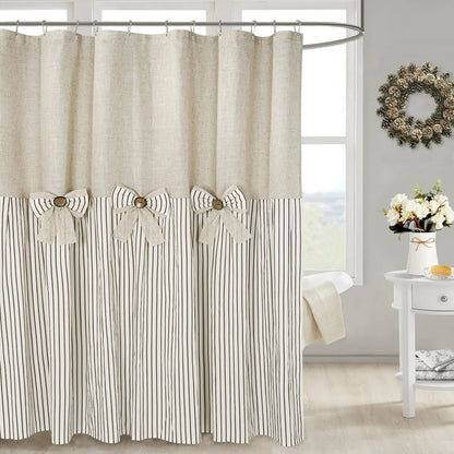 Black Linen Shower Curtain with Stripes Pattern and Bowknot Decorator for Elegant Bathrooms