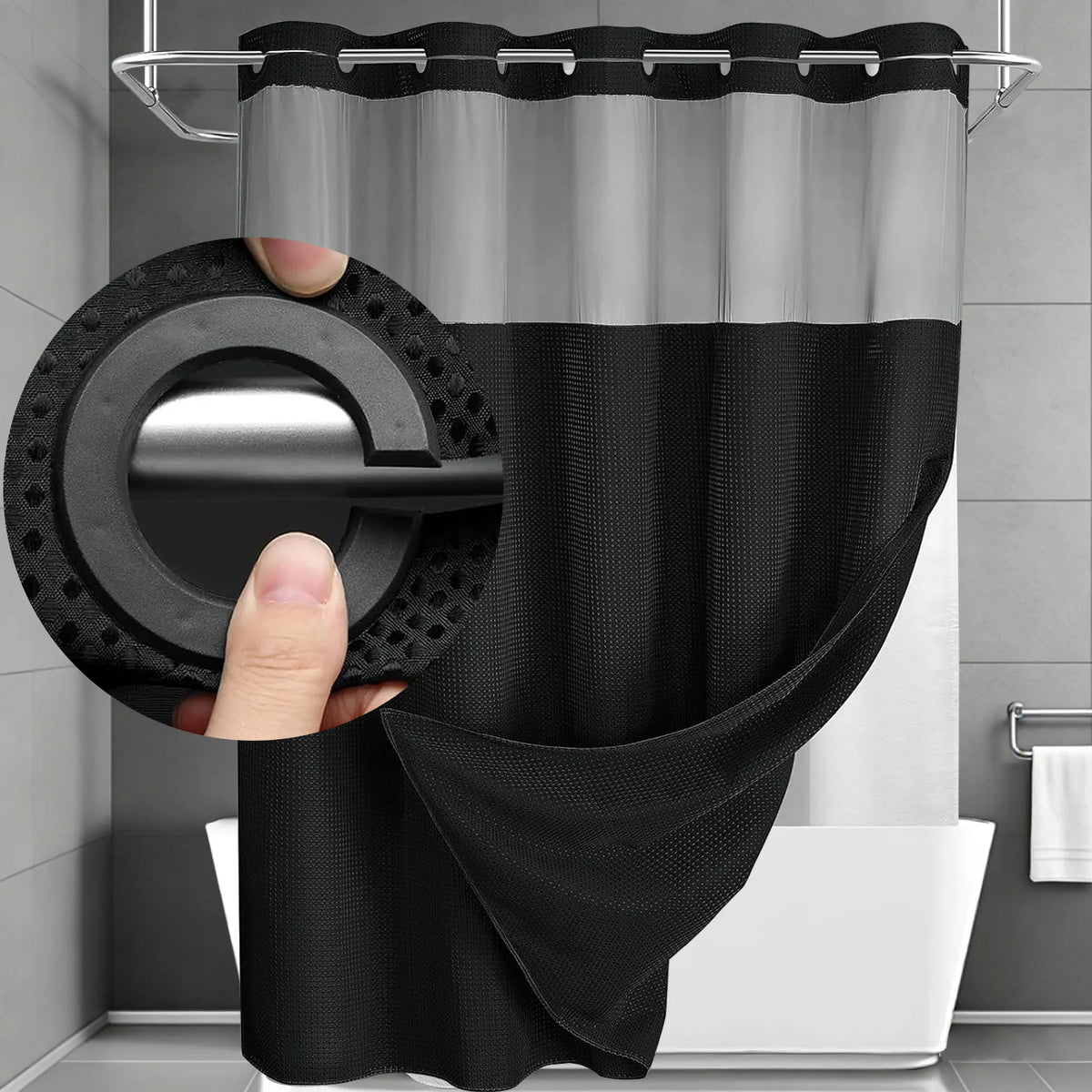 Black No-Hook Double Layer Waffle Weave Shower Curtain for Bathroom, Removable Inner Liner & Transparent Mesh Top Window, Washable & Waterproof, Stylish Bathroom Decor, 72x75in
