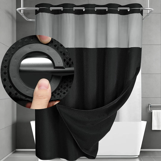 Black No-Hook Double Layer Waffle Weave Shower Curtain for Bathroom, Removable Inner Liner & Transparent Mesh Top Window, Washable & Waterproof, Stylish Bathroom Decor, 72x75in