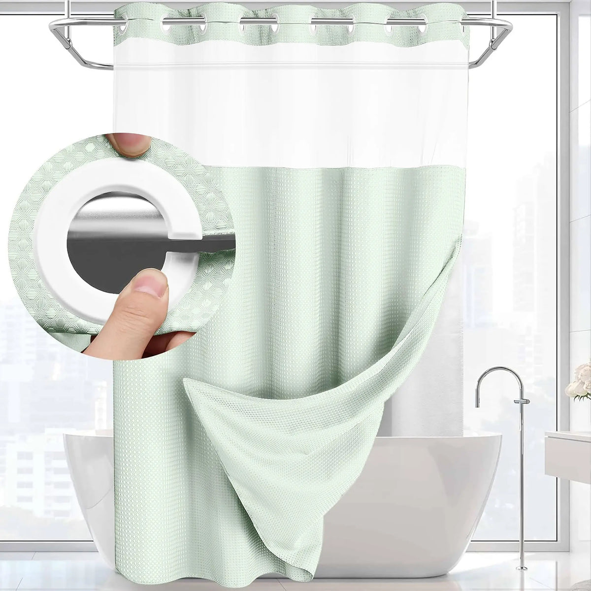 Hookless Shower Curtain and Liner Set - Snap-In Hooks, Plastic Fast-Dry Fabric, Waffle Pattern, Waterproof, Mildew-Blocking, Modern Aesthetic Home Bathroom Accessory