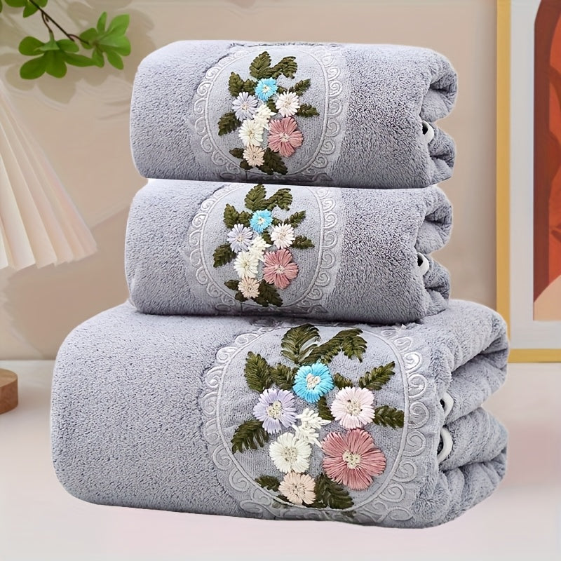 3pcs Embroidered Flower Towel Set, 2 Towels and 1 Bath Towel, Soft Absorbent Household Bath Towel, Bathroom Bath Towel, Face Towel, Towel, Soft and Skin-friendly Suitable for Home Use, Bathing, Seaside Bath Towel.