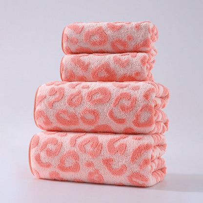 [Pink Leopard Towel Set] 2pcs Set, Pink Series, Modern Easy Fashion Coral Fleece Jacquard Craft, Towel And Bath Towel Set, Cute Leopard Print, Ultra-Soft, Quick-Dry, High-Quality, Durable Bathroom Accessory, Towel Size 34Cm X 75Cm