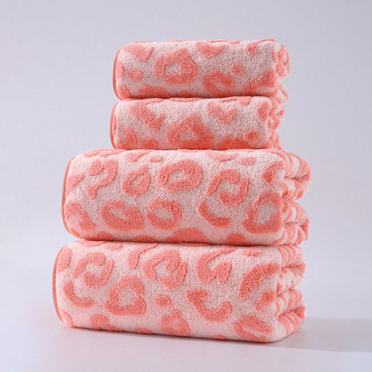 [Pink Leopard Towel Set] 2pcs Set, Pink Series, Modern Easy Fashion Coral Fleece Jacquard Craft, Towel And Bath Towel Set, Cute Leopard Print, Ultra-Soft, Quick-Dry, High-Quality, Durable Bathroom Accessory, Towel Size 34Cm X 75Cm