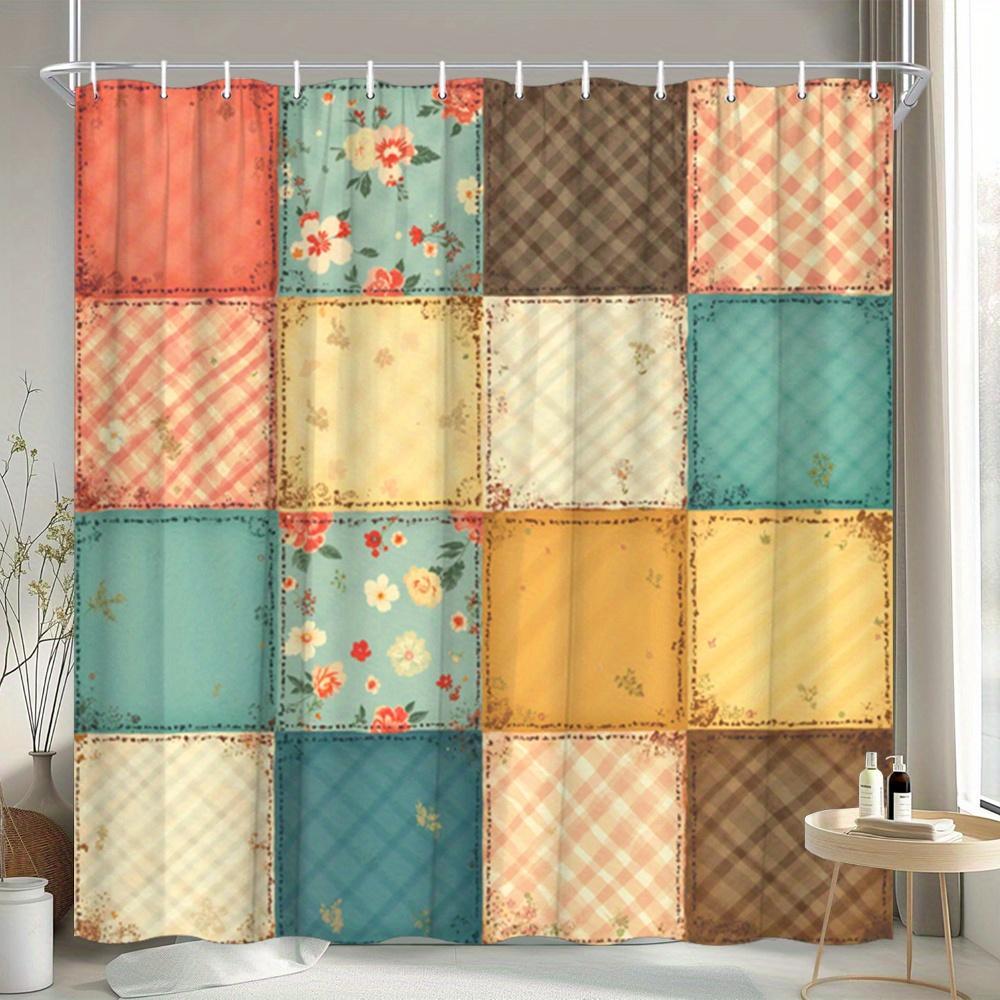 1pc Patchwork Shower Curtain with 16 Square Patches - Floral Plaid And Striped Designs, Durable Polyester Fabric, Machine Washable, 70.8X70.8 Inch Bathroom Decor with 12 Hooks, Shower Curtain for Bathrooms, Easy Maintenance, Home Decoration, Modern