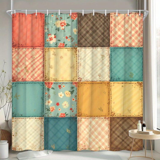 1pc Patchwork Shower Curtain with 16 Square Patches - Floral Plaid And Striped Designs, Durable Polyester Fabric, Machine Washable, 70.8X70.8 Inch Bathroom Decor with 12 Hooks, Shower Curtain for Bathrooms, Easy Maintenance, Home Decoration, Modern