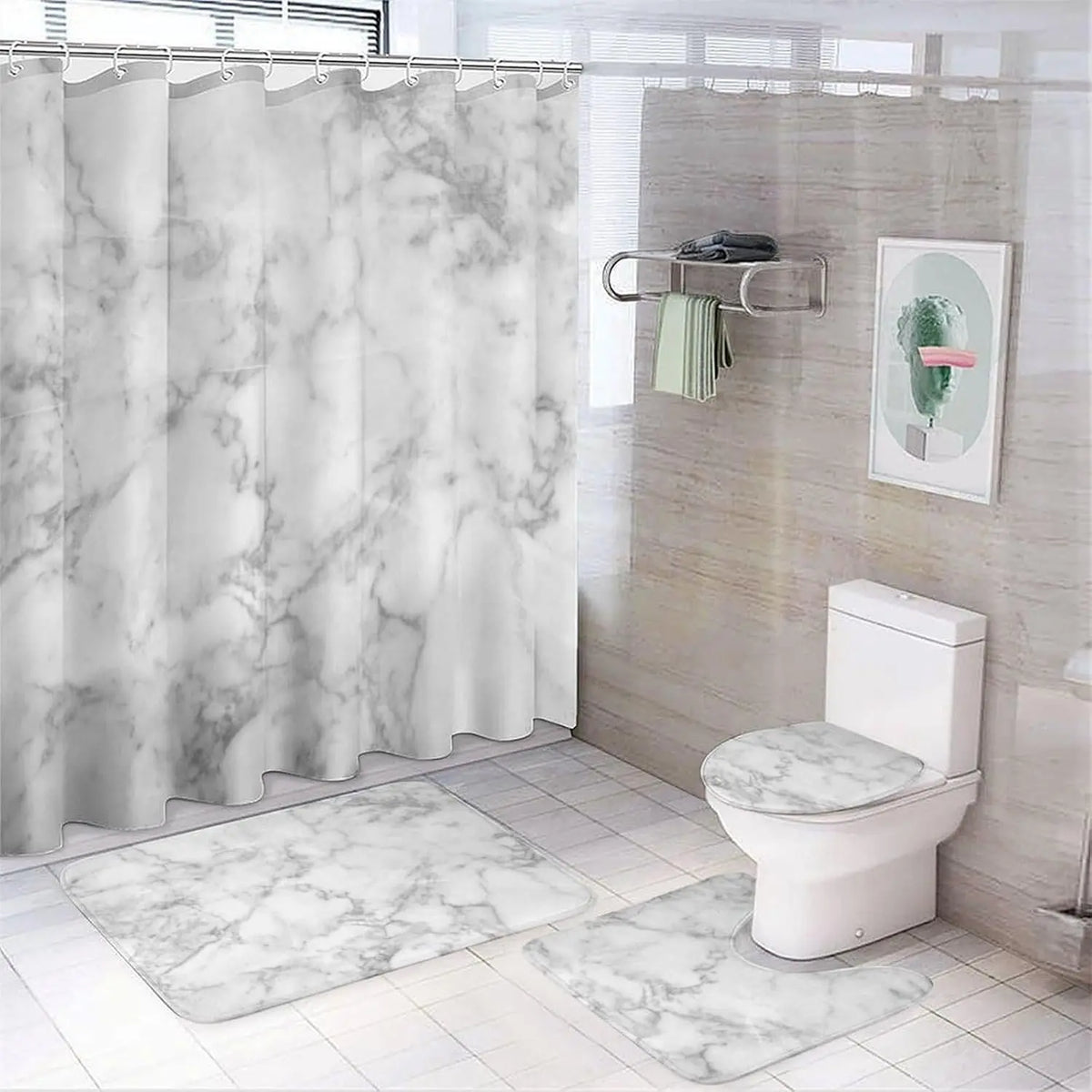 Marble Pattern Bathroom & Restroom Accessories, Shower Curtain Set For Bathroom, 4 Counts/set Including 1 Shower Curtain with 12 Hooks & 1 Toilet Lid Cover & 1 Rectangular Mat & 1 U-shaped Mat, Shower Curtain Sets