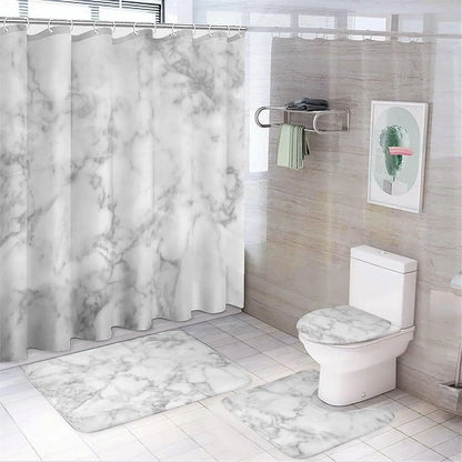 Marble Pattern Bathroom & Restroom Accessories, Shower Curtain Set For Bathroom, 4 Counts/set Including 1 Shower Curtain with 12 Hooks & 1 Toilet Lid Cover & 1 Rectangular Mat & 1 U-shaped Mat, Shower Curtain Sets
