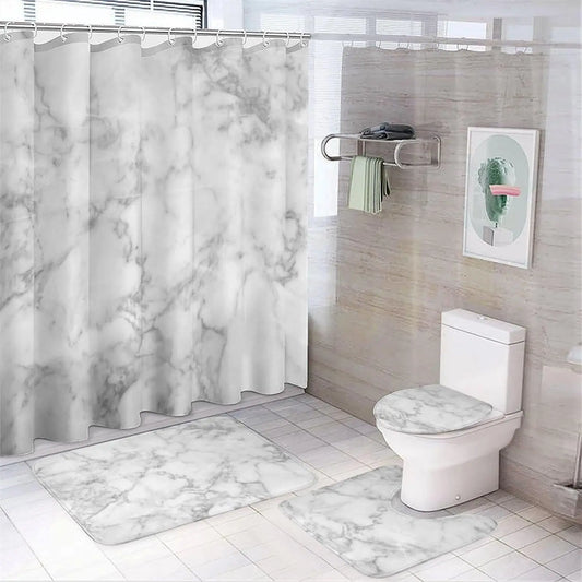 Marble Pattern Bathroom & Restroom Accessories, Shower Curtain Set For Bathroom, 4 Counts/set Including 1 Shower Curtain with 12 Hooks & 1 Toilet Lid Cover & 1 Rectangular Mat & 1 U-shaped Mat, Shower Curtain Sets