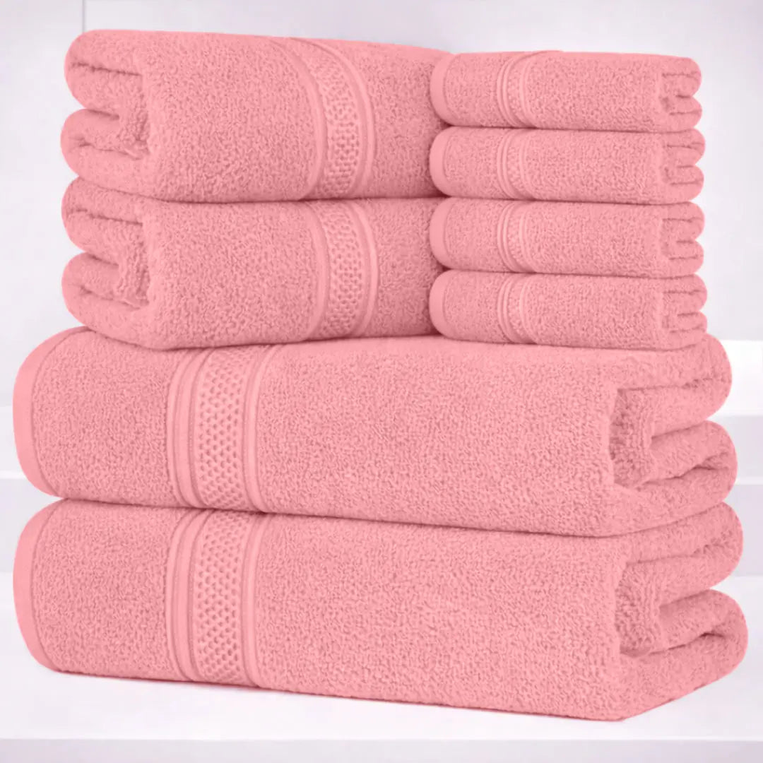 Hurbane Home Unisex Plain 8-Count 100% Pure Cotton Set - 2 Bath Towels, 2 Hand Towels, 4 Washcloths, Super Soft, Water Absorbent, Pouch Pack for Bathroom Home Use