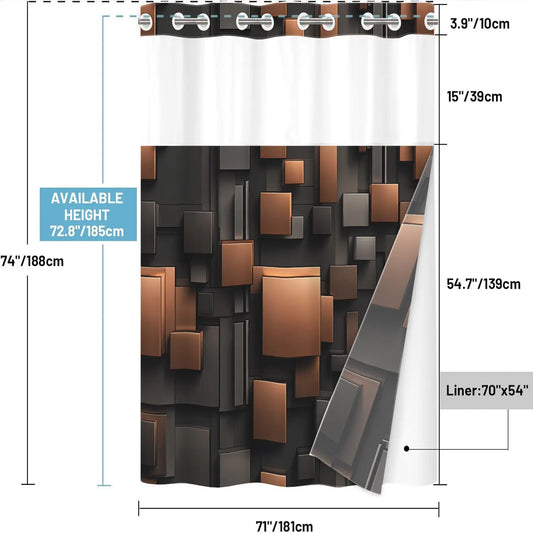 1Pc Hookless Double Layer Shower Curtain, With Removable Snap-in Liner, Black Brown 3D Geometric Block Print, Modern Luxury Bathroom Decor Curtain, Water Repellent Washable Fabric, with Top See-Through Window