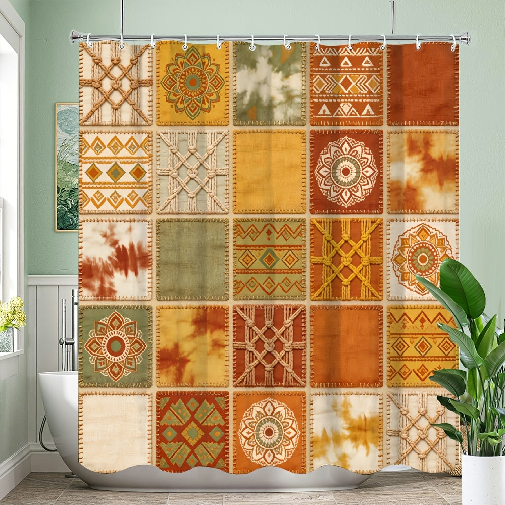 1pc Patchwork Shower Curtain with 16 Square Patches - Floral Plaid And Striped Designs, Durable Polyester Fabric, Machine Washable, 70.8X70.8 Inch Bathroom Decor with 12 Hooks, Shower Curtain for Bathrooms, Easy Maintenance, Home Decoration, Modern