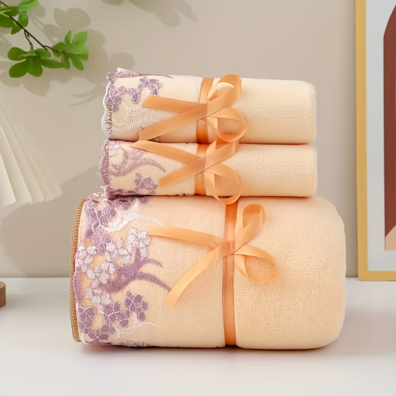 Set of 3 Lace-Embroidered Towels, Including 2 Soft Microfiber Towels And 1 Bath Towel, Perfect for Bathroom Use And Highly Absorbent